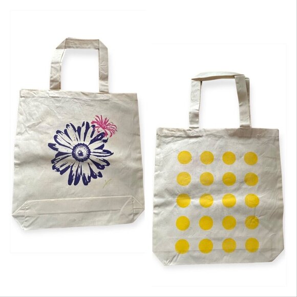 Screen printed flower cotton tote bag,  hand printed,  Flower/Dot Motif - Picture 1 of 7